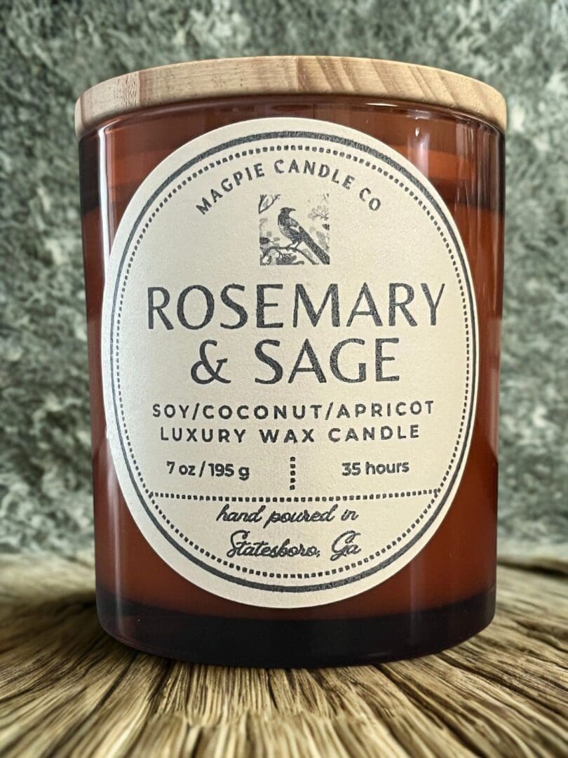 Rosemary and sage scented luxury wax candle.