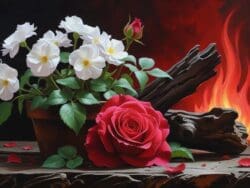 White flowers, red rose, and fire background.