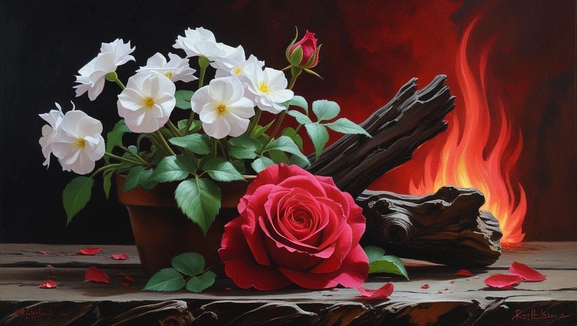 White flowers, red rose, and fire background.