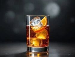 Cocktail with ice and orange garnish.