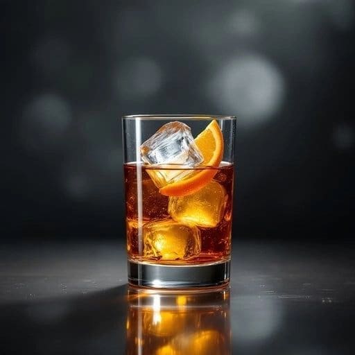 Cocktail with ice and orange garnish.