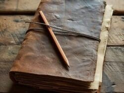 Leather journal with pencil on wooden table.
