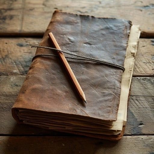 Leather journal with pencil on wooden table.