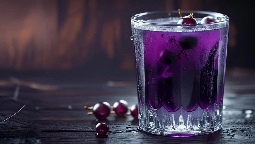 Glass of purple grape juice with grapes.