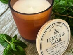 Lemon basil candle with green leaves.