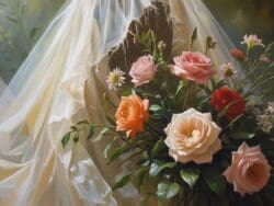 Bouquet of roses with flowing white fabric.