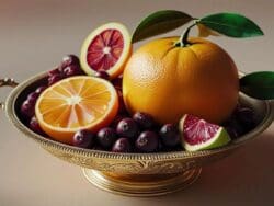 Oranges and grapes in ornate fruit bowl.