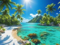 Tropical beach with palm trees and turquoise water.