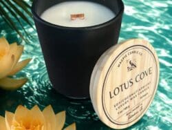 Black candle with lotus flowers on water.